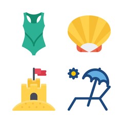 beach vector icons set. swimsuit, sunbed, sand castle and shell in this set