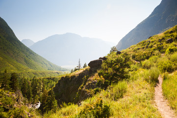 Summer landscape of river valley in Altai mountains, Siberia, Russia