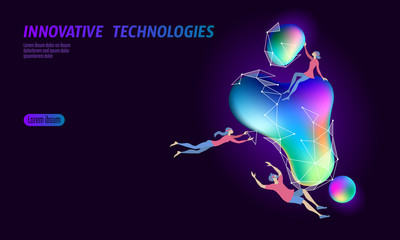 3D augmented reality virtual media space. Small people education glowing neon fluid liquid color sphere. Digital entertainment innovation home technology render gradient dynamic vector illustration