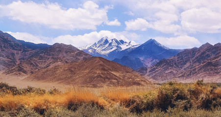 Scenic Ladakh India landscape view with barren mountain ranges and snow peaks. A popular tourist destination in India.