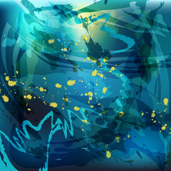 Abstract background chaotic brushstrokes. Abstract marine theme in blue tones.
