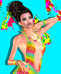 Butterflies create a unique digital art fashion image of a woman with a low cut dress that reveals cleavage in high fashion style. 3D render, not a real person so no model releases necessary.
