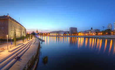 View from the Grunwaldzki Bridge to Wrocław in the evening.