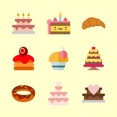 cake vector icons set. piece of cake, wedding cake, kruassan and donut in this set