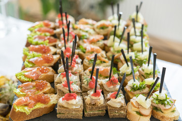 Crostini with different toppings on wooden background. Delicious appetizers. Front view. Gourmet appetizers: caviar, venison, tuna and salmon.