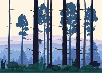 Cartoon illustration of background forest. Bright forest woods, silhouttes, trees with bushes, ferns and flowers. For design game, apps, websites. Vector, cadroon style, isolated