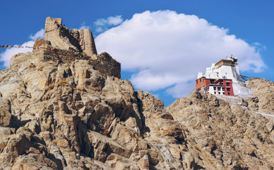Namgyal Tsemo monastery perched on top of a cliff is a popular landmark of Ladakh, India.