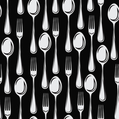Seamless pattern, cutlery of a spoon with a fork on a black background