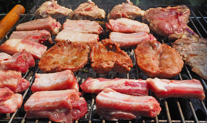 Roasted Juicy meat cooked over the coals on a barbecue