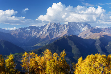 Autumn Landscape with birch forest and mountain peak Ushba
