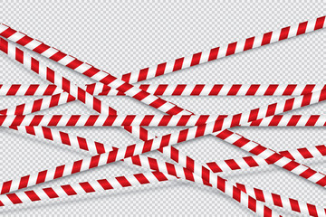 Red and white lines of barrier tape. The pole guard protects against the lack of input. Red and white barricade on a transparent background. Realistic red and white danger tape.