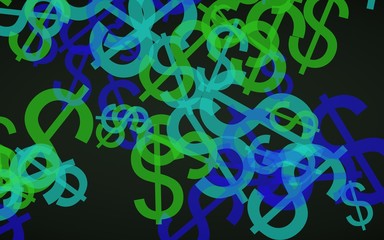 Multicolored translucent dollar signs on dark background. Green tones. 3D illustration