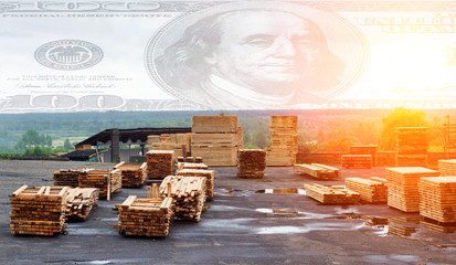 Piles of wooden boards in the sawmill, boards for export