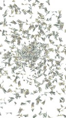 Flying dollars banknotes isolated on a white background. Money is flying in the air. 100 US banknotes new sample. 3D illustration