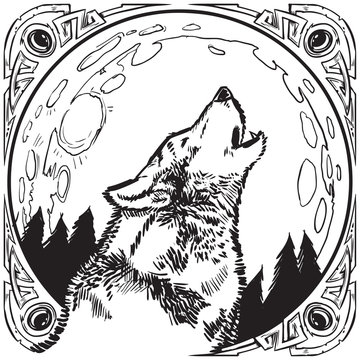 recommend clip art: Howling Wolf Head with Moon and Ornate Frame Vector Illustration