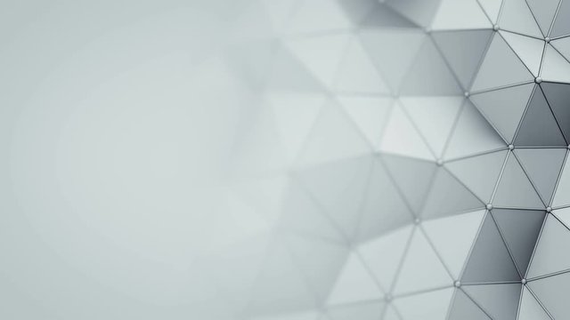 Triangulated white polygonal surface and free space. Abstract 3D render of futuristic low poly shape. Seamless loop animation 4k UHD (3840x2160)
