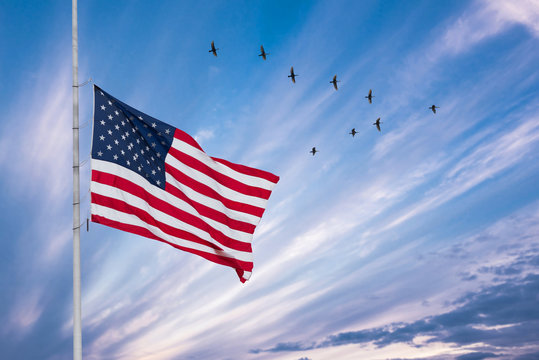 birds flying in the shape of v on the cloudy sunset sky. American flag against a blue cloudy sky. Migratory birds