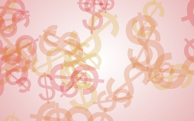 Multicolored translucent dollar signs on white background. Orange tones. 3D illustration