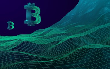 Digital currency symbol Bitcoin on abstract dark background. Growth of the cryptocurrency market. Business, finance and technology concept. 3D illustration. Bit, Coin, mining concept