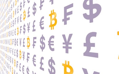 Bitcoin and currency on a white background. Digital Cryptocurrency symbol. Business concept. Market Display. 3D illustration