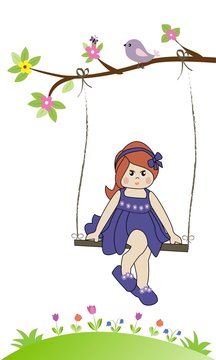 Ni&ntilde;a feliz en columpio con vestido malva.