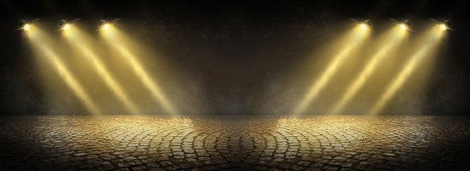 Background of an empty dark room. Empty walls, lights, smoke, glow, rays