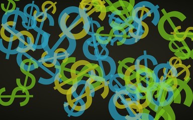 Multicolored translucent dollar signs on dark background. Green tones. 3D illustration