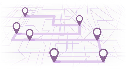 Digital map with colorfull seven points. The way of city navigation with the beginning and the end