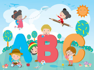 cartoon kids with ABC letters, School kids with ABC, children with ABC letters,Vector Illustration