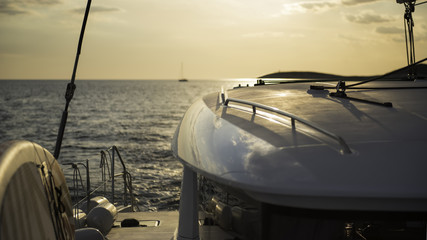 Fototapeta na wymiar Ship deck in golden dusk