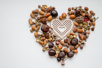 photo of the delicious nuts acorn as heart, heart shaped toy, fir-cones and nuts on the white background.autumn decorations .Copy space