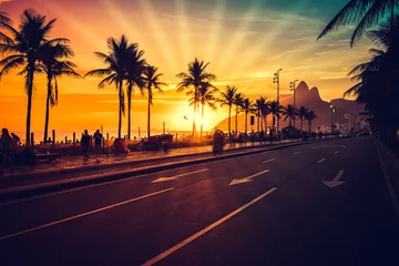 Fotobehang Zonsondergang aan zee Amazing Sunset on Ipanema Beach with sun rays, Rio de Janeiro, Brazil
