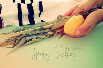Jewish festival of Sukkot. Traditional symbols (The four species): Etrog, lulav, hadas, arava.