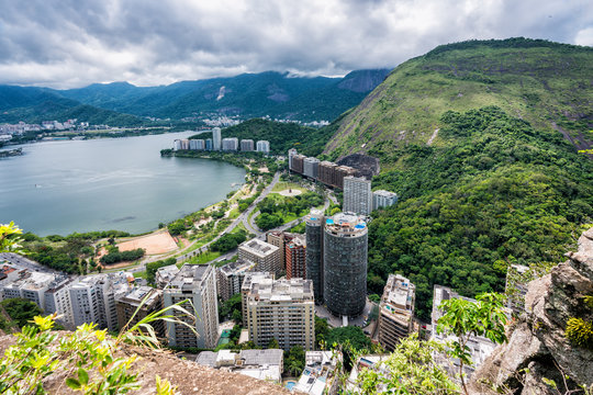 High angle view of Lagoa lake with city buildings and mountains, Rio de Janeiro, Brazil