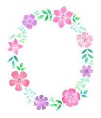 Fototapeta na wymiar Watercolor floral wreath. Oval frame design with flowers and leaves