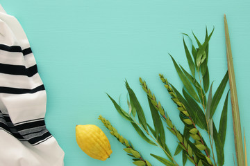 Jewish festival of Sukkot. Traditional symbols (The four species): Etrog, lulav, hadas, arava.