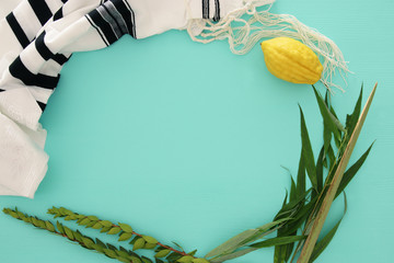 Jewish festival of Sukkot. Traditional symbols (The four species): Etrog, lulav, hadas, arava.
