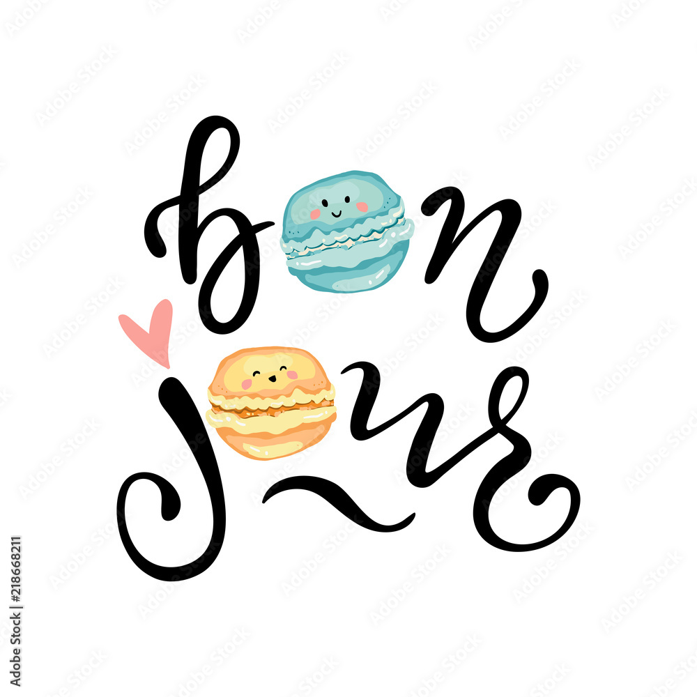 Canvas Prints bonjour slogan vector print with cute macaroons