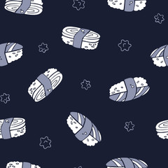 Vector hand drawn seamless sushi pattern. Monochrome blue pattern for print.