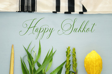 Jewish festival of Sukkot. Traditional symbols (The four species): Etrog, lulav, hadas, arava.