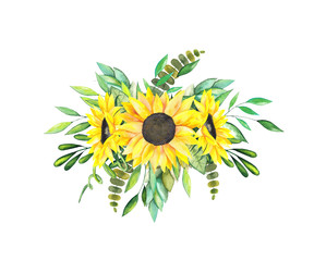 Bouquet of sunflowers and green leaves and twigs. Handpainted watercolor illustration