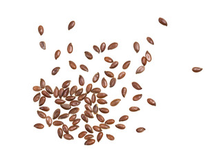 Some linseeds or flax seed spread out and isolated on white background seen from above