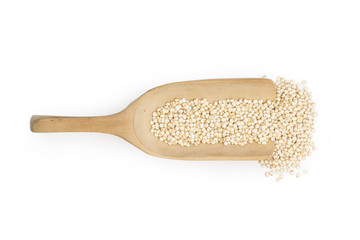 Quinoa seeds on wooden spoon seen from above and isolated on white background