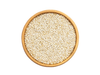 Quinoa seeds in a round wooden bowl seen from above and isolated on white background