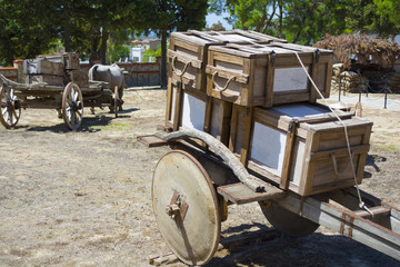 Wheel of an old covered wagon. Ottoman tumbrel cart.