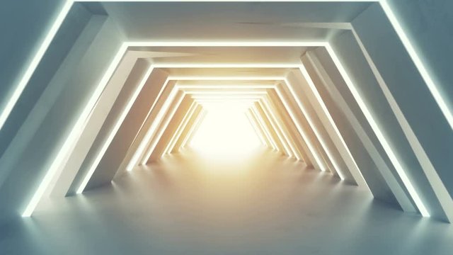 Futuristic tunnel with fluorescent lights. Sci-fi interior corridor. 3D render seamless loop animation 4k UHD 3840x2160
