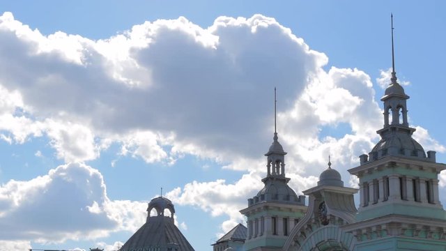 Roof Of Belorussky Railway Station In Moscow Against Blue Sky And Clouds