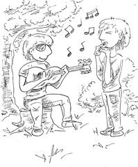 Buiten in het bos muziek maken