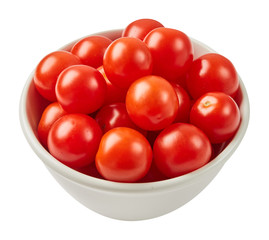 Fresh ripe tomatoes in ceramic bowl isolated on white background. Ingredients for cooking. Top view.