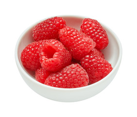 Fresh ripe raspberries in ceramic bowl isolated on white background. Ingredients for cooking. Top view.